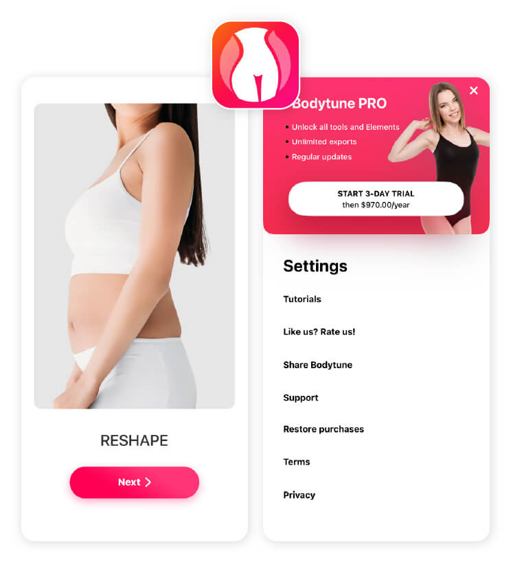 Homem usando o aplicativo Body Tune para realçar os músculos em uma foto.