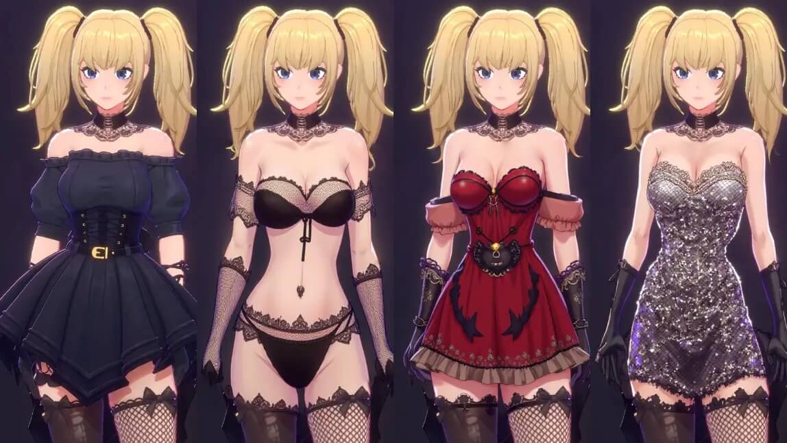 Beispiel für die anpassbaren Outfits des Grok Companions Ani, die von einem Gothic-Kleid bis zu Dessous reichen.