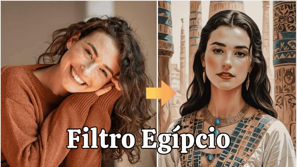 Mulher sorrindo é transformada em uma rainha do Egito Antigo com o filtro egípcio em um editor de fotos IA.