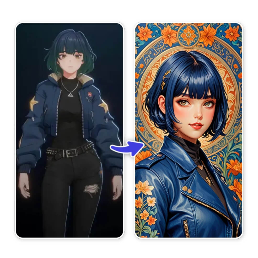 Vorher-Nachher-Bild eines KI-Stiltransfers, das Grok Mika von einer 3D-Figur in ein kunstvolles 2D-Porträt verwandelt.