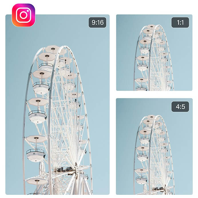 A white Ferris wheel under a pale blue sky, displayed in three common Instagram aspect ratios: 9:16, 1:1, and 4:5. A white Ferris wheel under a pale blue sky, displayed in three common Instagram aspect ratios: 9:16, 1:1, and 4:5.