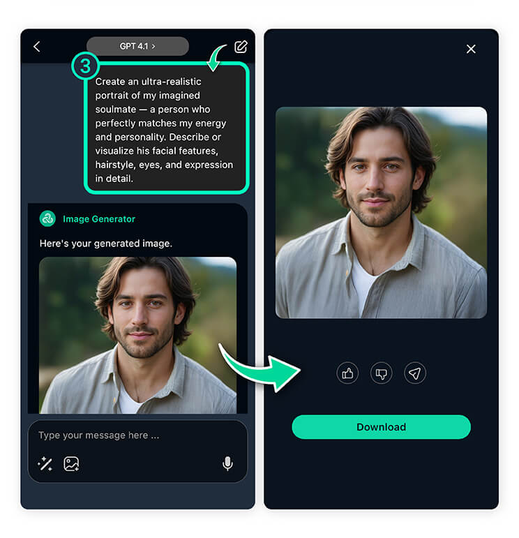 Visualize your soulmate for fun with YouCam AI Chat. AI can show you what your potential soulmate might look like!