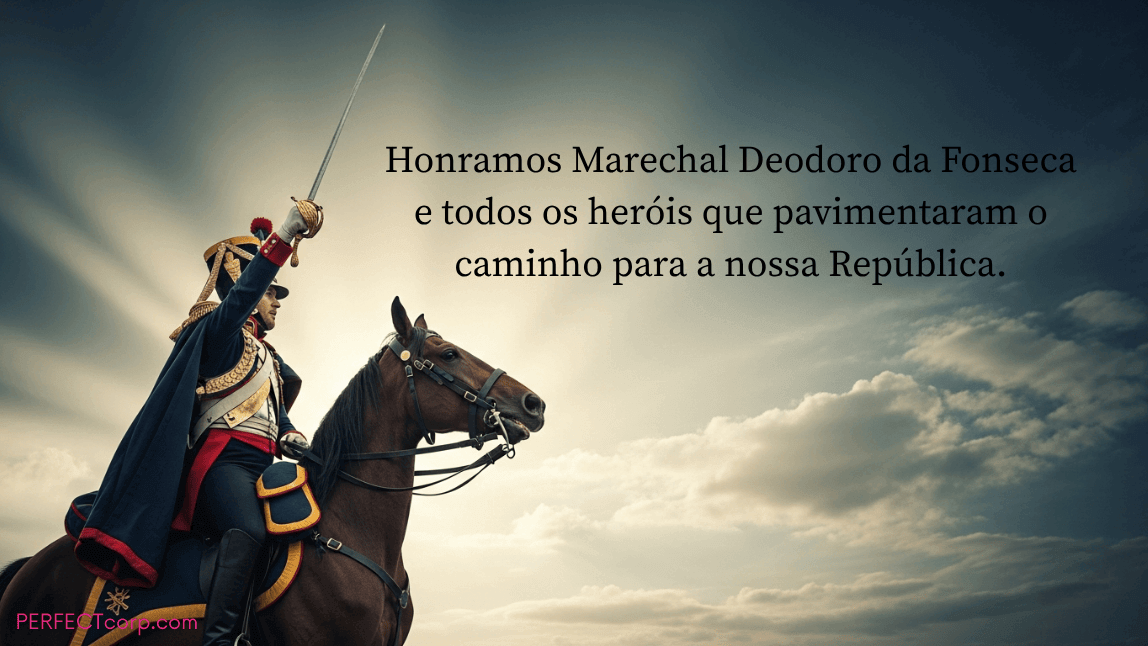 Imagem de Marechal Deodoro da Fonseca a cavalo com uma frase em sua homenagem, honrando os heróis da Proclamação da República de 1889.