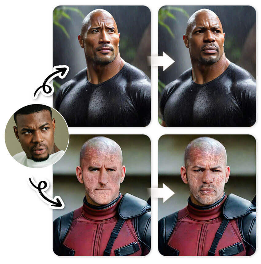 Homem usando a ferramenta de troca de rosto com IA para simular como ficaria careca em outro corpo.