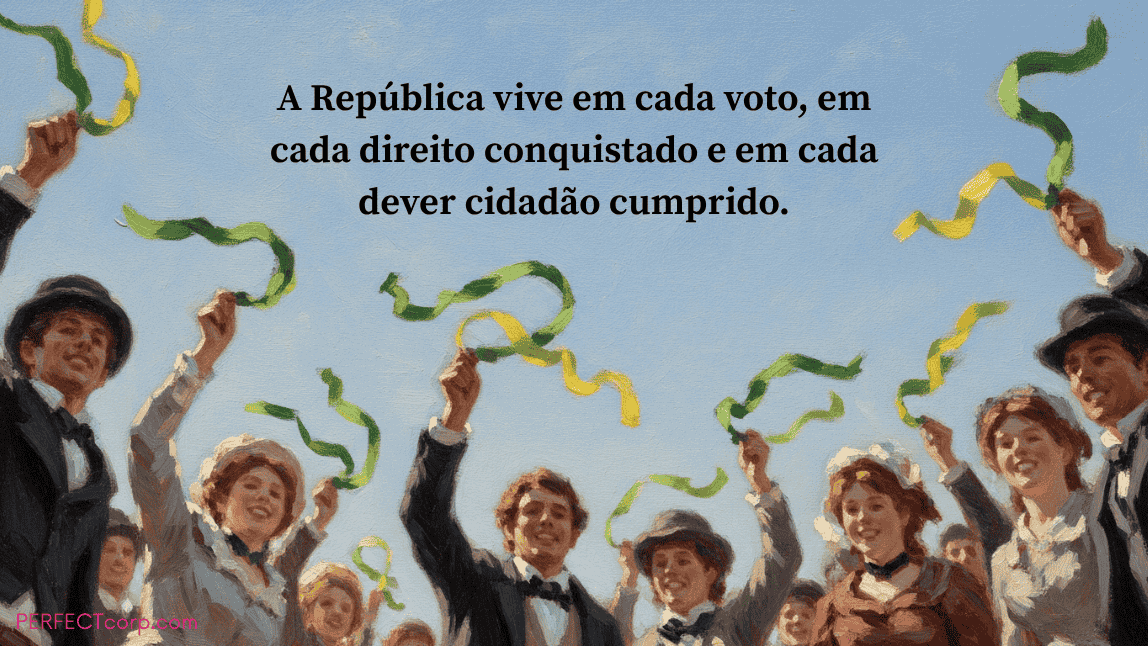 Frase sobre cidadania e a República com uma imagem do povo brasileiro celebrando, representando a importância do voto e dos direitos na democracia.