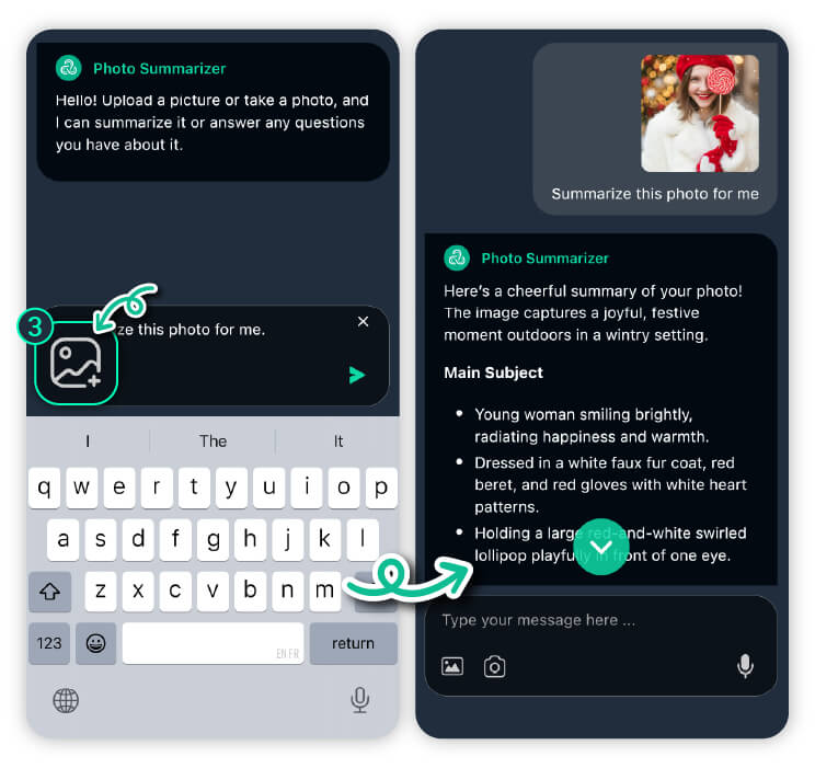 AI will analyze the photo and generate a clear, natural summary. Upload any photo and the AI image description generator will summarize it.
