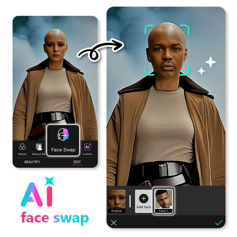 Interface do app YouCam Perfect mostrando a função de troca de rosto para colocar o seu rosto em um corpo careca.