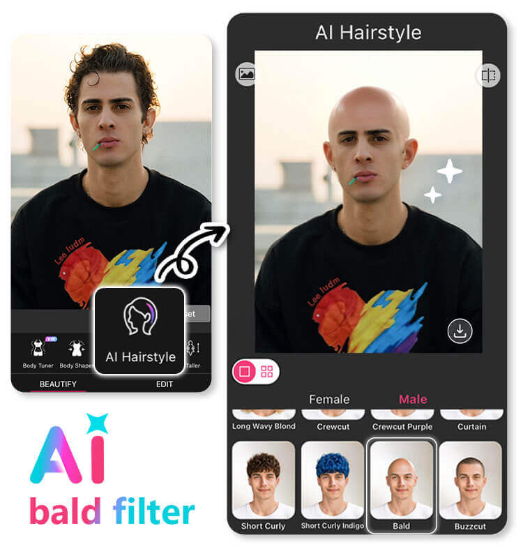 Interface do aplicativo YouCam Perfect mostrando a opção 'Calvo', que funciona como um filtro careca por IA para homens e mulheres.