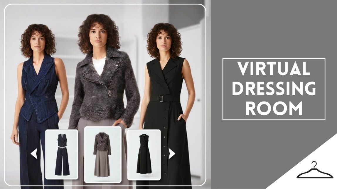 Woman using AI virtual dressing room to try on clothes. Woman using AI virtual dressing room to try on clothes.
