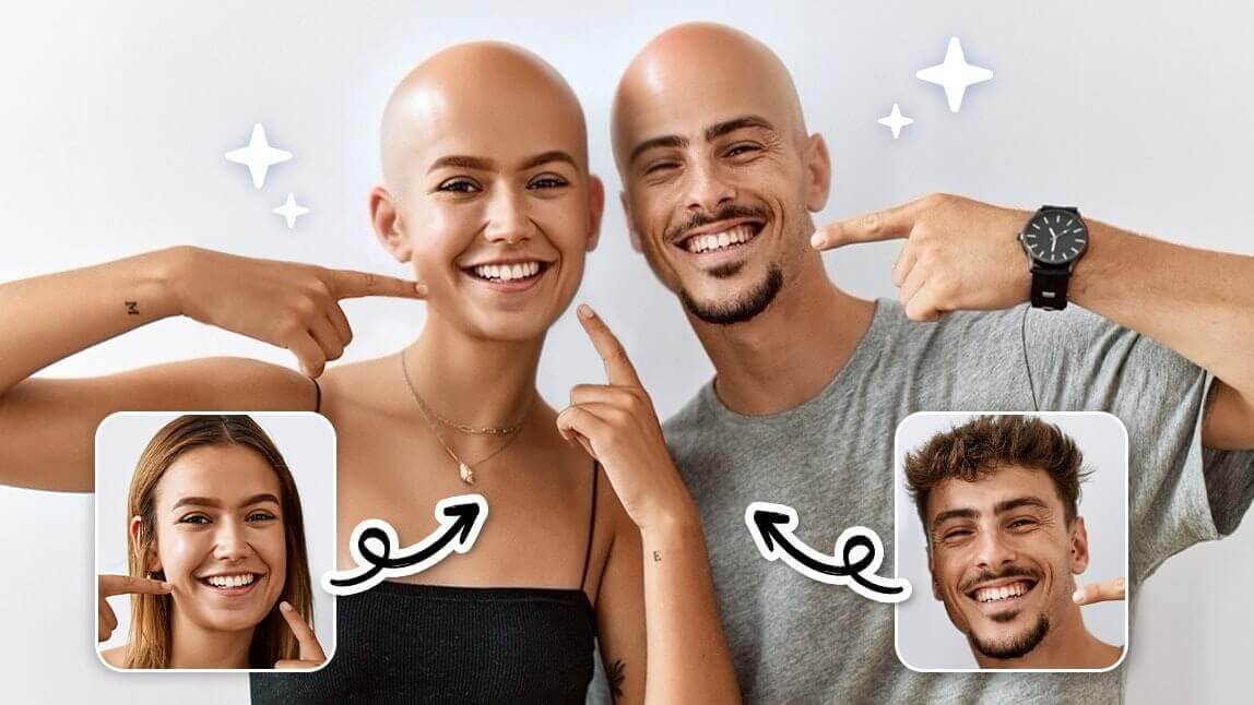 Montagem de antes e depois de um casal usando o filtro careca com IA, mostrando o resultado do efeito careca na foto.