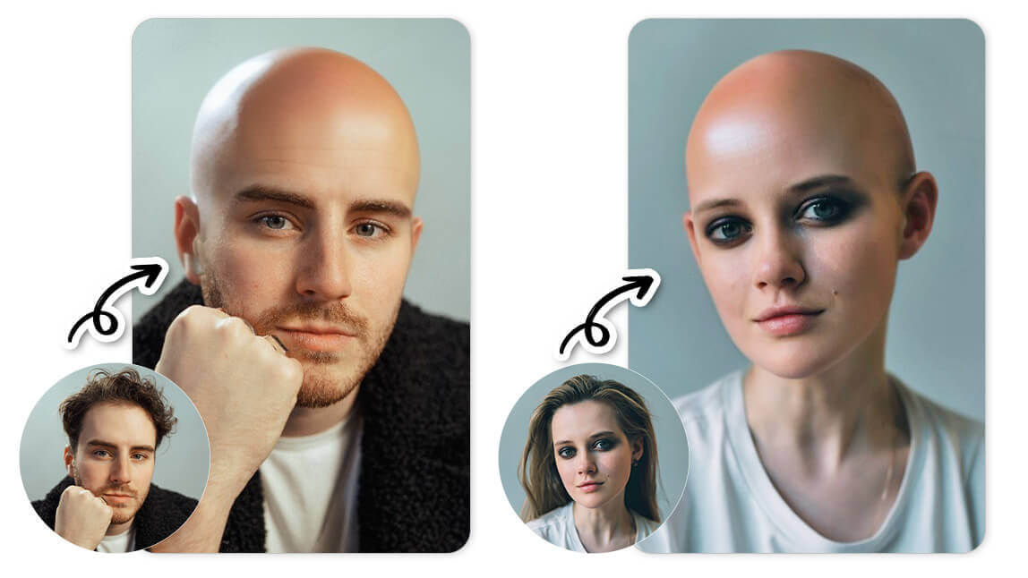 Mulher sorri com a cabeça raspada após usar o filtro careca com IA para simular como ficaria sem cabelo.