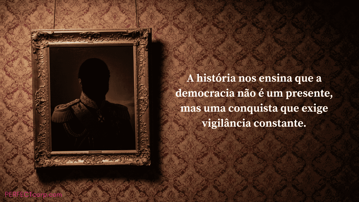 Retrato histórico emoldurado com uma frase sobre a democracia como uma conquista, em alusão à história e vigilância necessárias desde a Proclamação da República.