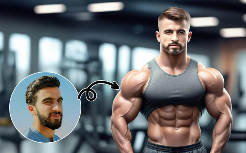 Homem fazendo deepfake divertido com seu rosto em um corpo musculoso usando um app.