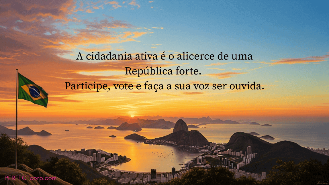 Mensagem sobre cidadania ativa para a Proclamação da República com uma imagem do Rio de Janeiro e a bandeira do Brasil ao amanhecer, incentivando o voto.