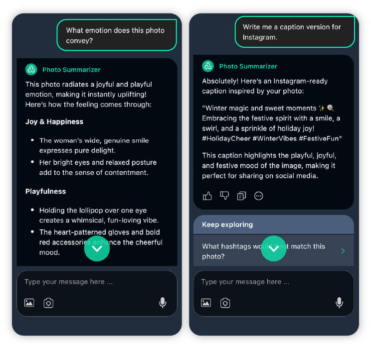 You can ask AI image description generator any follow-up questions. Continue the conversation with the AI image description generator to get more complete answers.