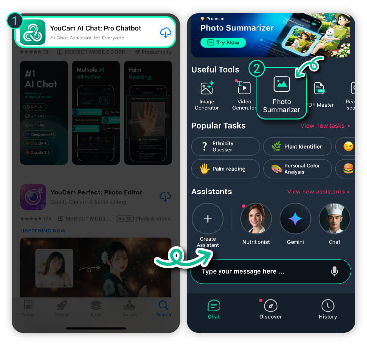 You will find the Photo Summarizer under the Useful Tools. Generate descriptions for any image with YouCam AI Chat.