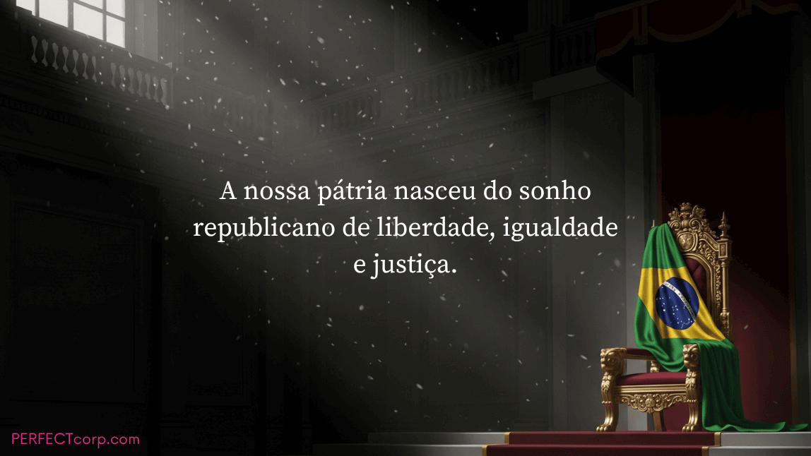 Frase da Proclamação da República sobre um trono vazio com a bandeira do Brasil, simbolizando o fim do império e o sonho republicano de justiça e liberdade.
