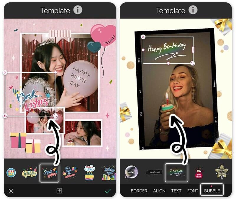 Two customizable birthday story templates showing women celebrating with balloons and cupcakes, featuring editable text, stickers, and decorative bubbles for Instagram post creation. Two customizable birthday story templates showing women celebrating with balloons and cupcakes, featuring editable text, stickers, and decorative bubbles for Instagram post creation.
