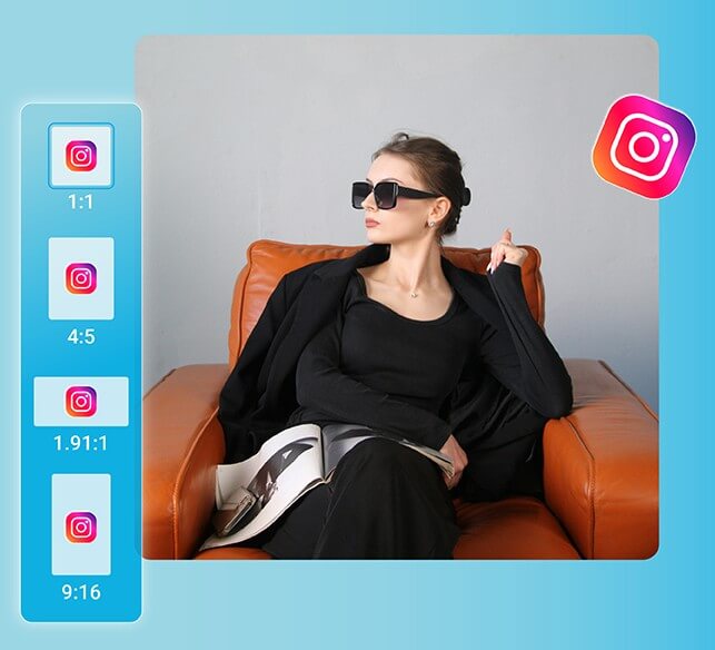 A stylish woman in black sunglasses sitting on an orange armchair, showing how one photo can be cropped into four popular Instagram aspect ratios: 1:1, 4:5, 1.91:1, and 9:16. A stylish woman in black sunglasses sitting on an orange armchair, showing how one photo can be cropped into four popular Instagram aspect ratios: 1:1, 4:5, 1.91:1, and 9:16.