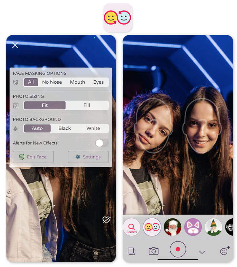 Face Swap Live Benutzeroberfläche Demonstration der Face Swap Live App, die Gesichter in Echtzeit tauscht.