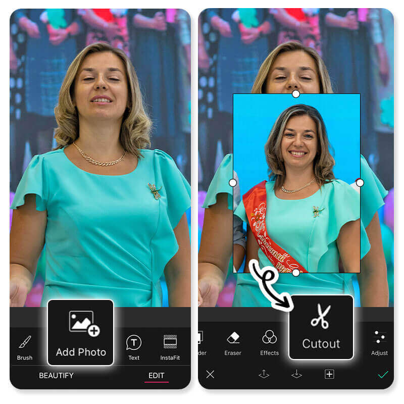 Kopf auf ein anderes Foto setzen Beispiel, wie mit dem 'Ausschnitt'-Tool in YouCam Perfect ein Kopf ausgeschnitten und auf einen anderen Körper gesetzt wird.