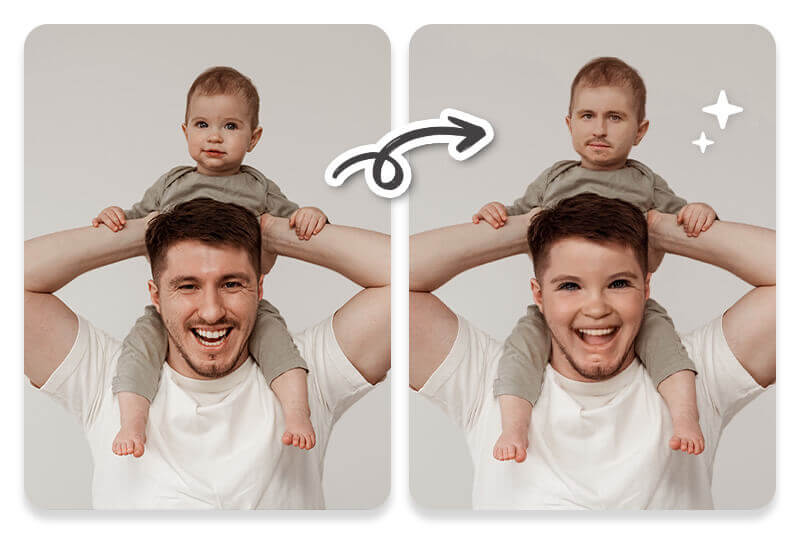 Gesichter tauschen mit einer Face Swap App Collage, die den Face-Swap-Effekt zeigt, bei dem das Gesicht einer Frau auf den Körper eines Mannes gesetzt wird.