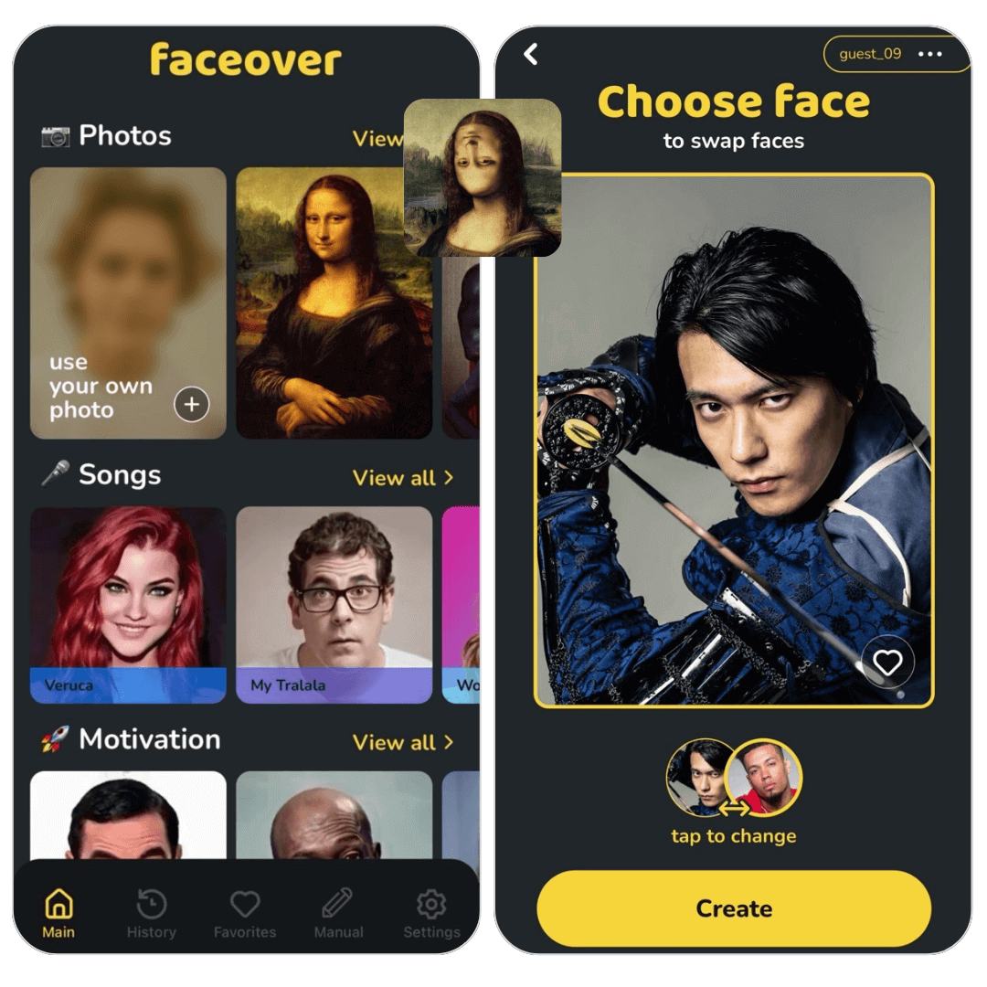 Faceover App Benutzeroberfläche Interface der Faceover App, die Werkzeuge zum Ausschneiden und Einfügen von Gesichtern zeigt.