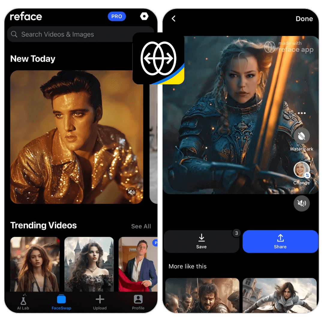 Reface App Benutzeroberfläche Benutzeroberfläche der Face Swap App Reface, die verschiedene Video-Vorlagen zum Austauschen von Gesichtern zeigt.