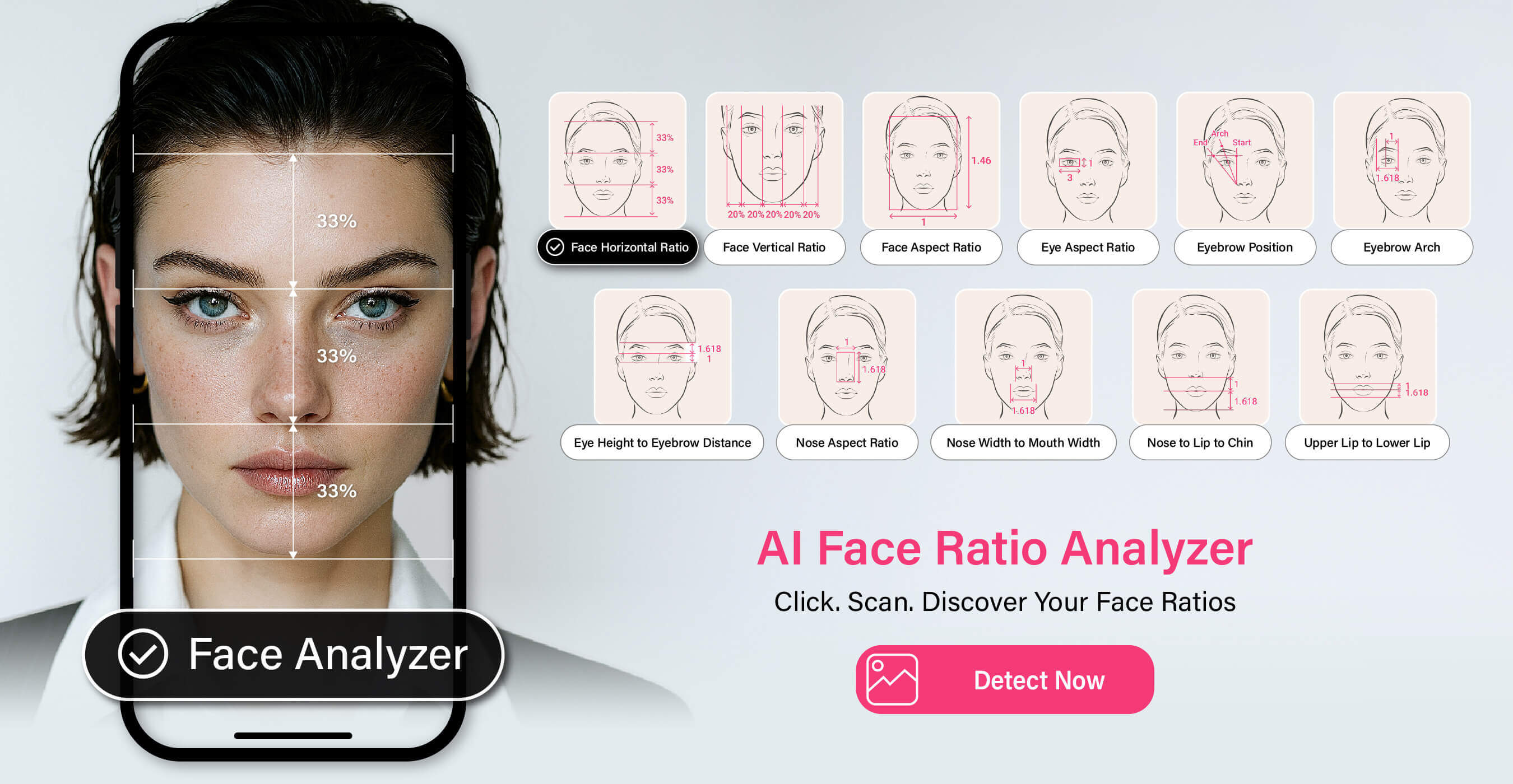 Análisis facial con inteligencia artificial mostrando proporciones del rostro Análisis facial con inteligencia artificial mostrando proporciones del rostro