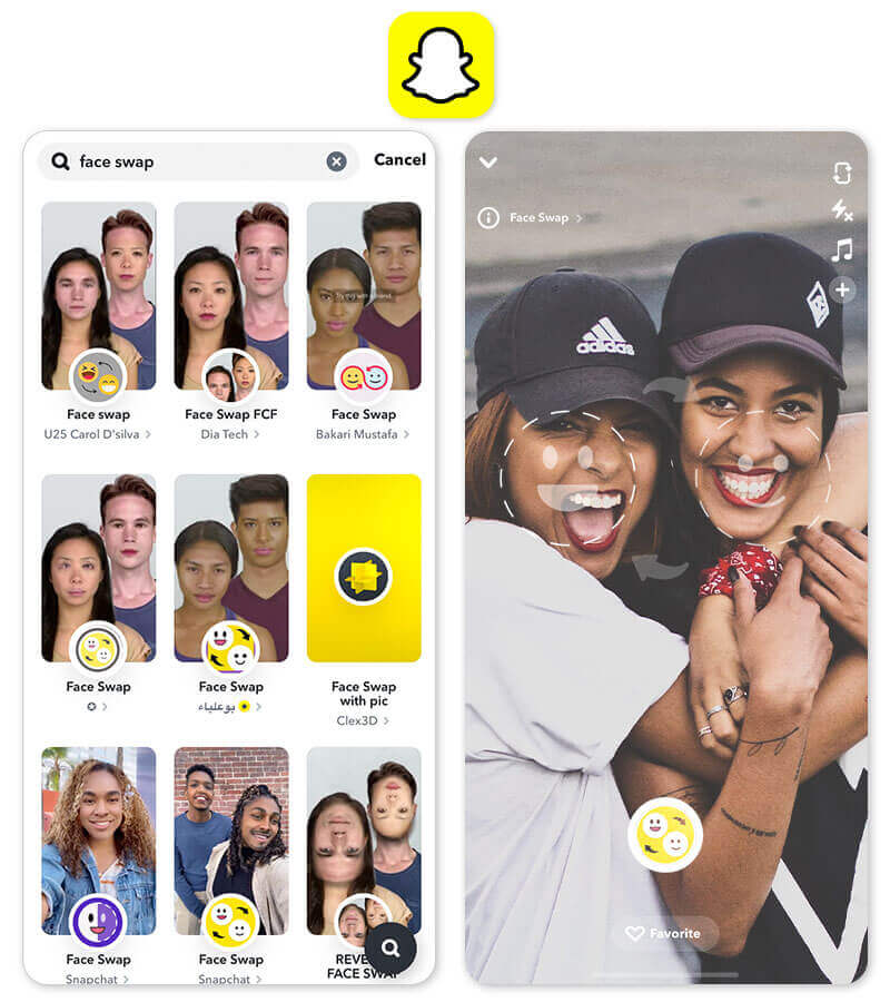 Snapchat App Benutzeroberfläche Beispiel der Live-Face-Swap-Linse in der Snapchat-Kamera.