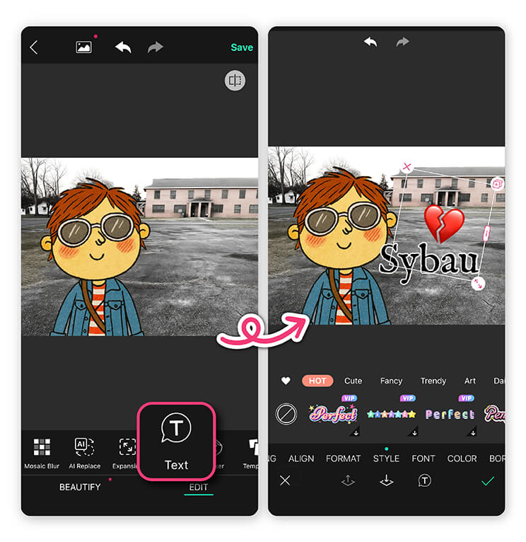 Add “SYBAU” Text & Stickers