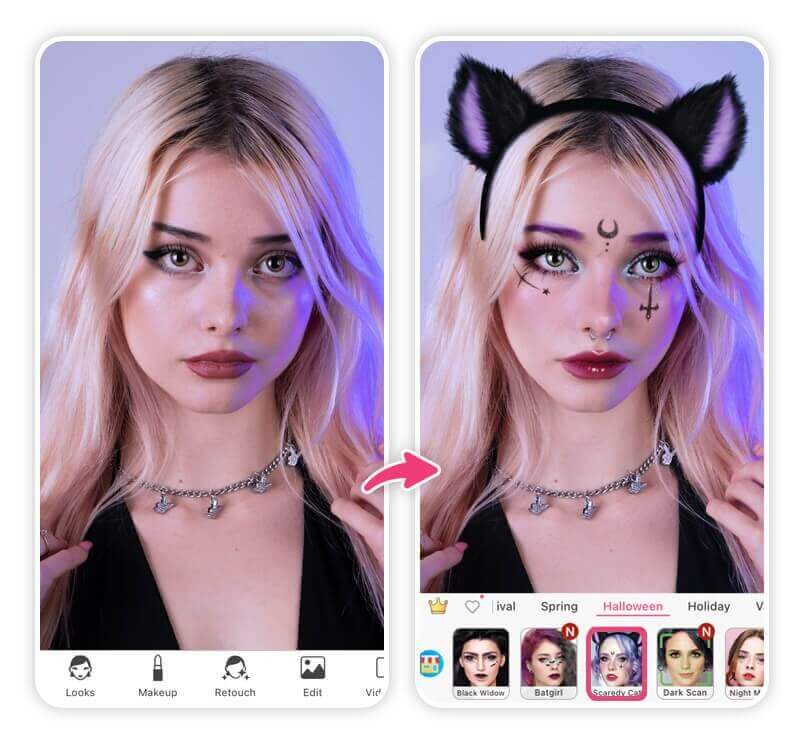 Eine Frau mit einem kreativen Halloween-Makeup und einem virtuellen Piercing-Filter von YouCam Makeup.