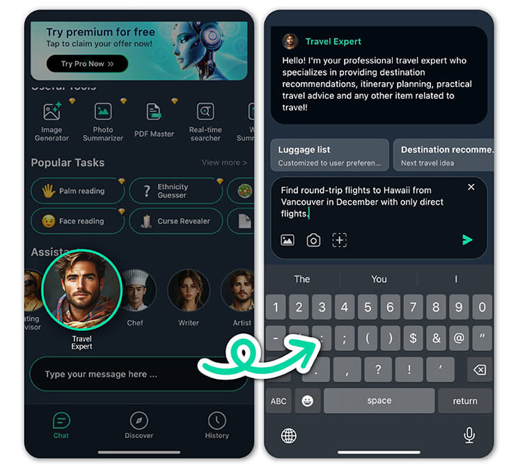 Stelle reisebezogene Fragen und nutze KI, um mit YouCam AI Chat günstige Flüge zu finden.