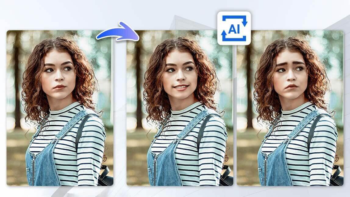 Mulher com expressão séria, sorrindo e triste, mostrando a mudança de expressão facial em fotos com um editor de IA.