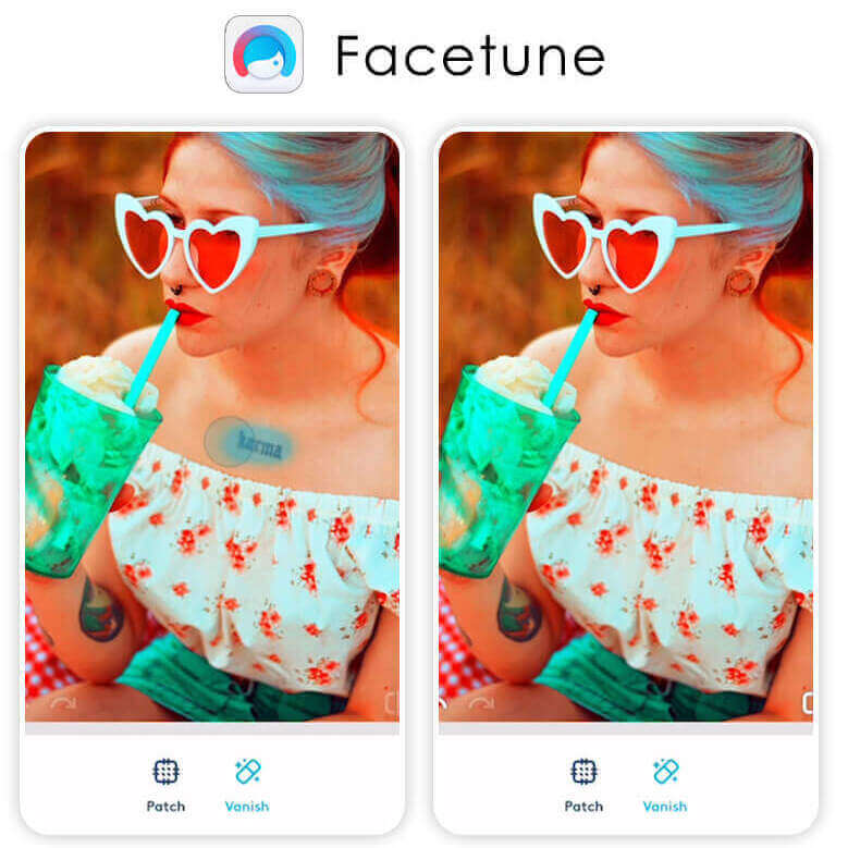 Mulher editando foto para remover tatuagem com o aplicativo Facetune