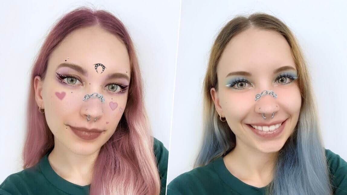 Eine Frau nutzt einen Piercing-Filter, um zu sehen, wie ein virtuelles Septum- und Nasenpiercing zu verschiedenen Makeup-Looks und Haarfarben (Pink und Blau) passt.