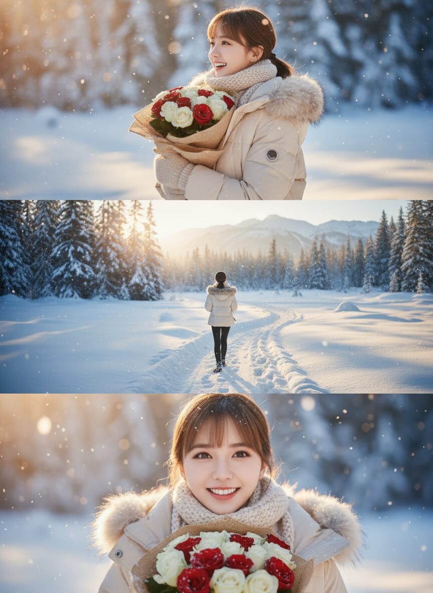 手捧紅白玫瑰化並露出開朗笑容 meitu ai 雪景 ai 指令-雪景ai怎麼用-雪地下雪照