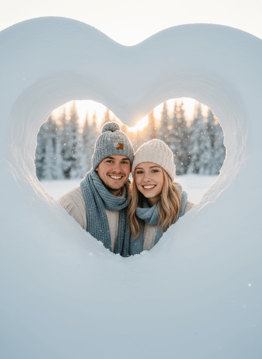 AI Snow Photo Prompt 5: Romantic Couple in Heart-Shaped Snow AI Snow Photo Prompt 5: Romantic Couple in Heart-Shaped Snow