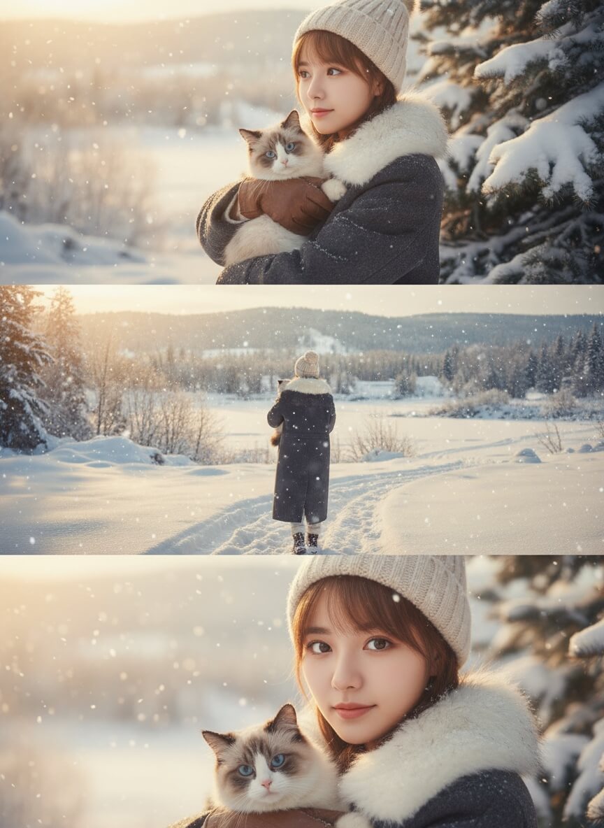 抱著貓咪的 AI 雪景照 meitu ai 雪景 ai 指令-雪景ai怎麼用-雪地下雪照