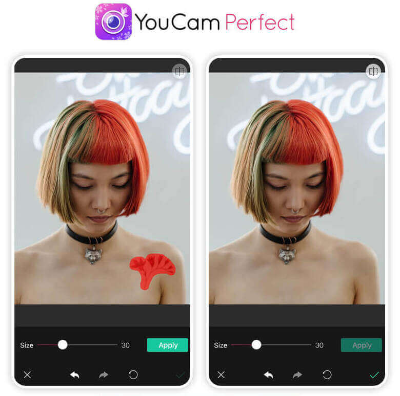 Exemplo de como apagar tatuagem de uma foto usando o app YouCam Perfect