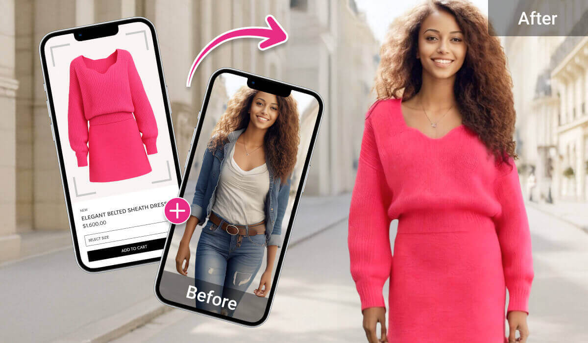 Shopper visualizing clothes fit using AI virtual try-on tool Shopper visualizing clothes fit using AI virtual try-on tool