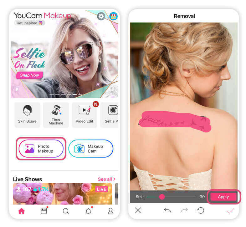 Tela inicial do app YouCam Makeup para carregar uma foto e apagar tatuagem
