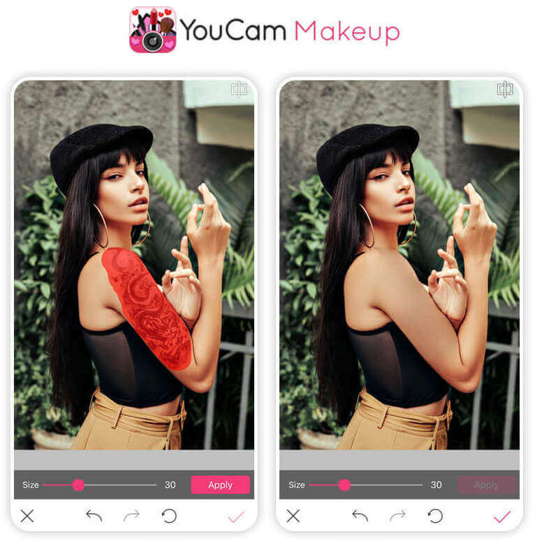 Mulher usando o aplicativo YouCam Makeup para apagar tatuagem de sua foto