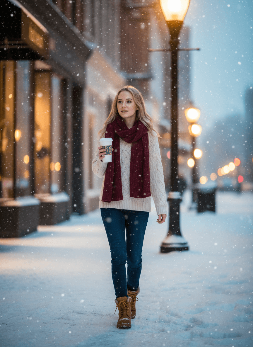 AI Snow Photo Prompt 4: Golden Hour City Snow Walk AI Snow Photo Prompt 4: Golden Hour City Snow Walk