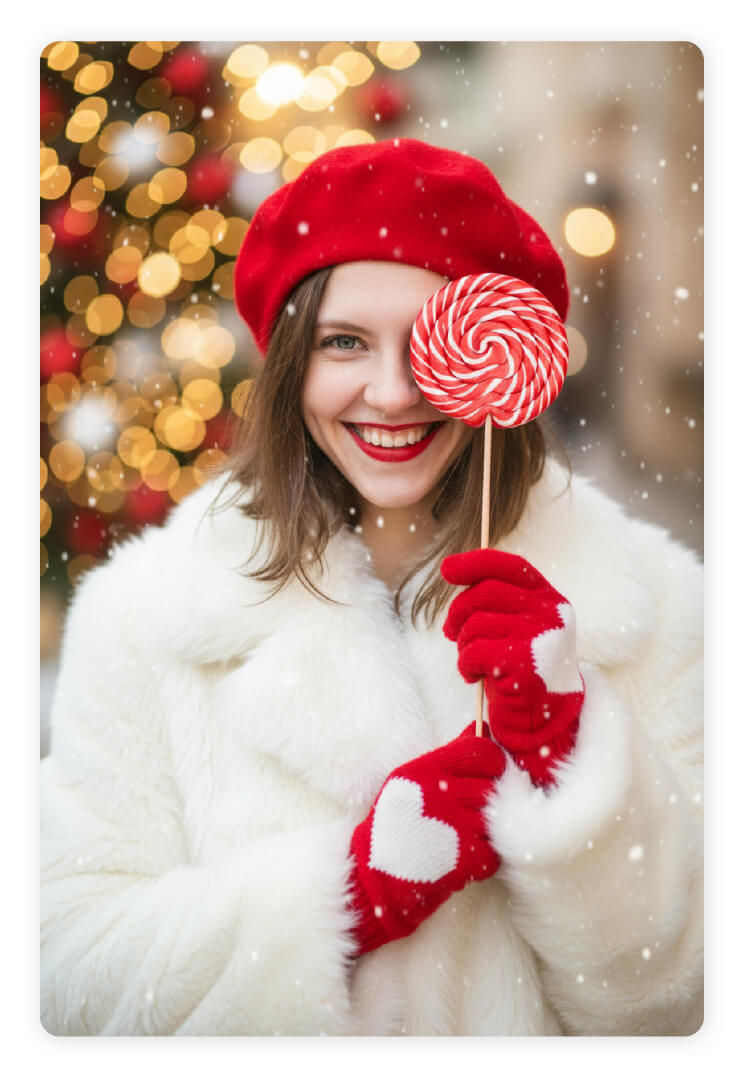 Gemini Christmas Prompts 2 – Playful Winter Portrait with Candy Gemini Christmas Prompts 2 – Playful Winter Portrait with Candy