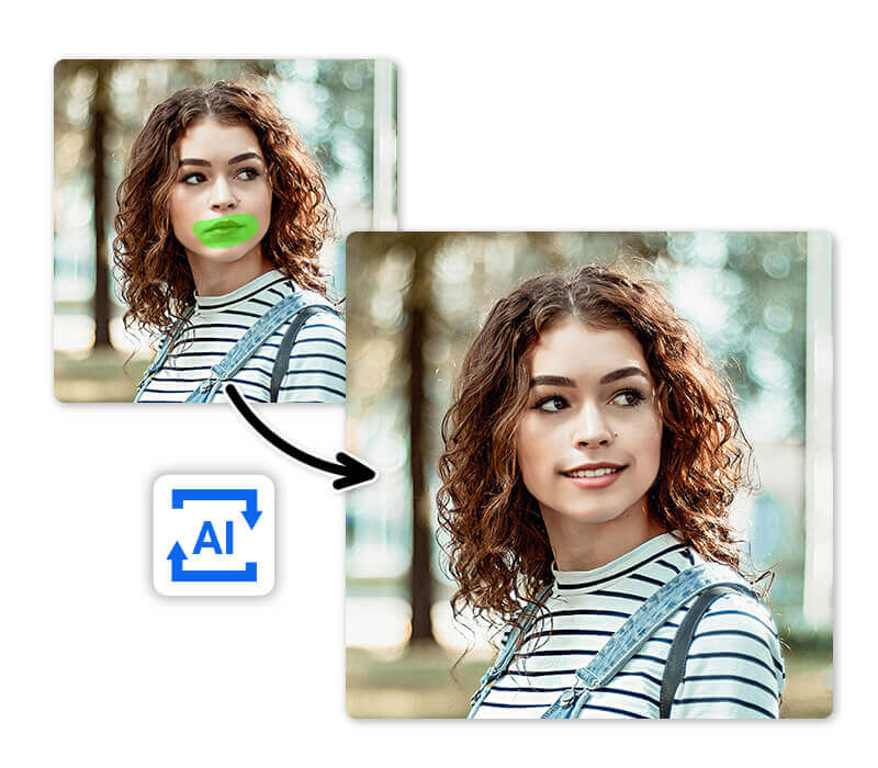 Selecione a área e adicione o comando de texto. A IA irá mudar o rosto, seguindo o seu comando. Exemplo de como usar um comando de texto para adicionar um sorriso a uma foto.