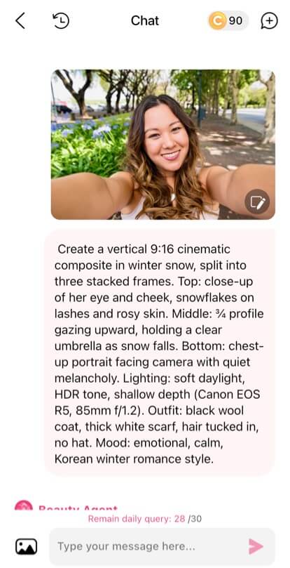 Generate AI winter snow photo with YouCam Makeup Beauty Agent