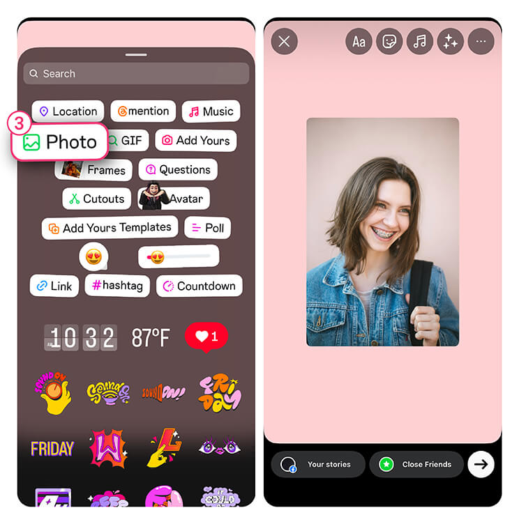 After changing Instagram story background color, you can add photo or text.