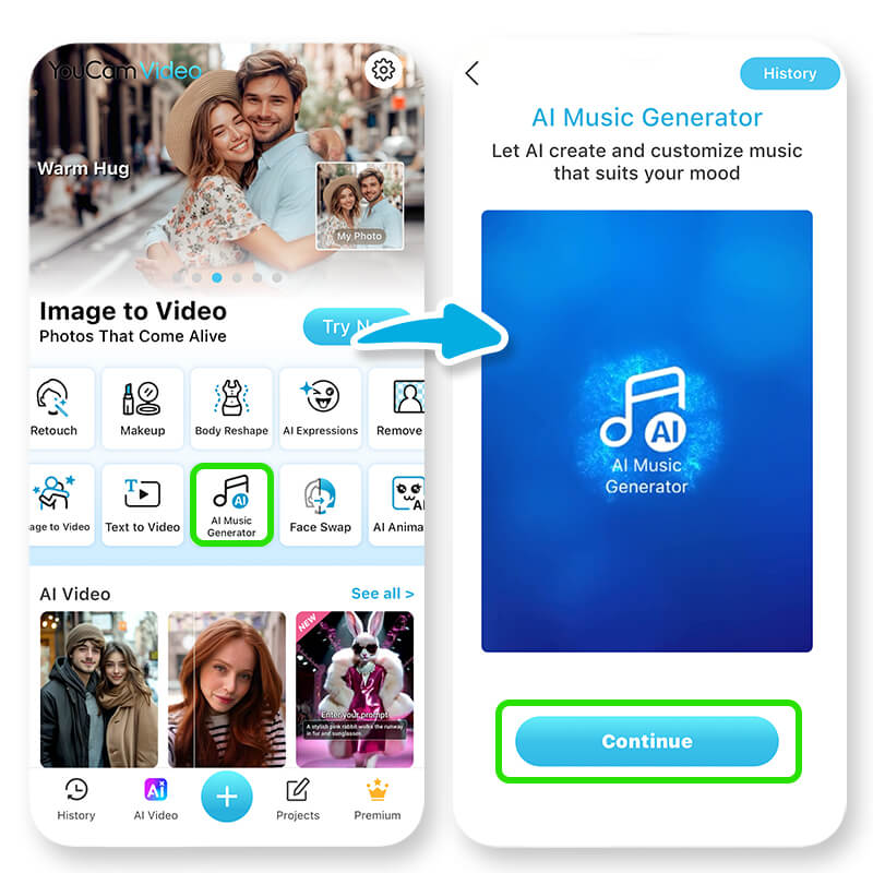 Screenshot der YouCam Video App mit hervorgehobener "AI Music Generator"-Funktion und einem Startbildschirm zur Auswahl von Videobearbeitungstools.