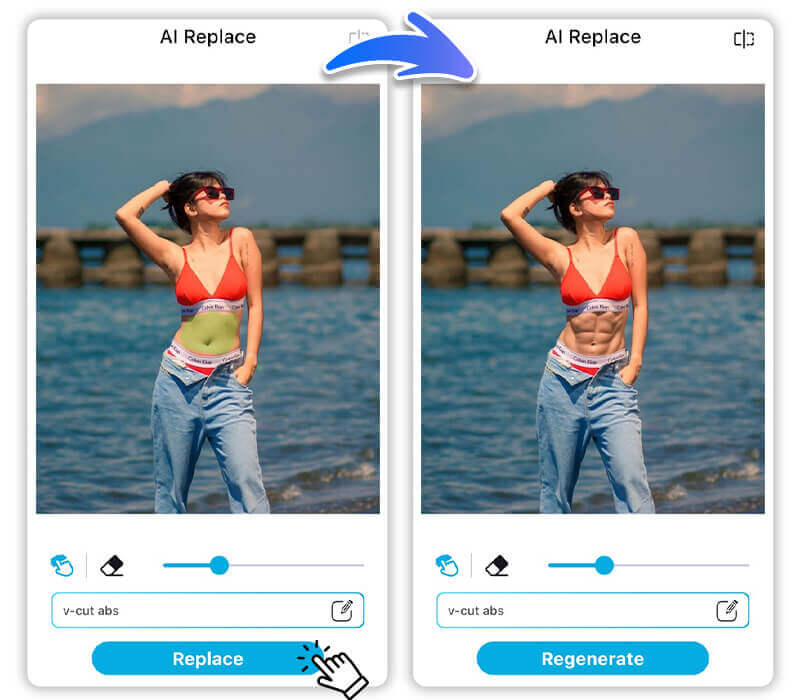 Montagem de corpo sarado feminino com IA para adicionar um abdômen tanquinho na foto.
